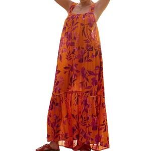 Anthropologie M Womens Cotton Backless Gauze Maxi Dress Pullover Orange Purple